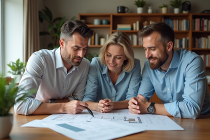 Trois adultes autour d'une table examinant des plans de maison