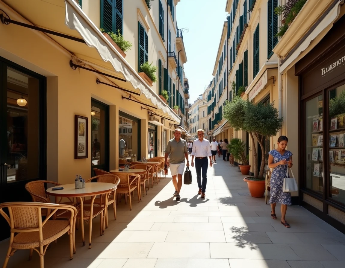 Rue piétonne animée du quartier Monte Carlo Sun à Monaco avec terrasse de café, commerces de proximité et résidents locaux