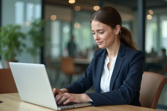 Salariée consultant l'application AL'in d'Action Logement sur son ordinateur portable dans un bureau moderne