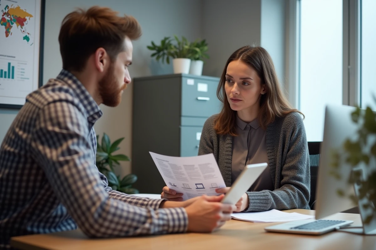 Deux salariés en réunion RH consultant un document Action Logement pour comprendre l'aide AL'in