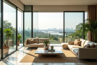Salon d'un appartement haut de gamme à Abidjan avec vue sur la lagune Ébrié et mobilier en marbre et cuir