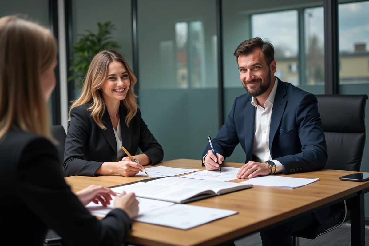 Couple signant un acte de vente immobilier devant un notaire dans une étude moderne lors d'une transaction à Limoges