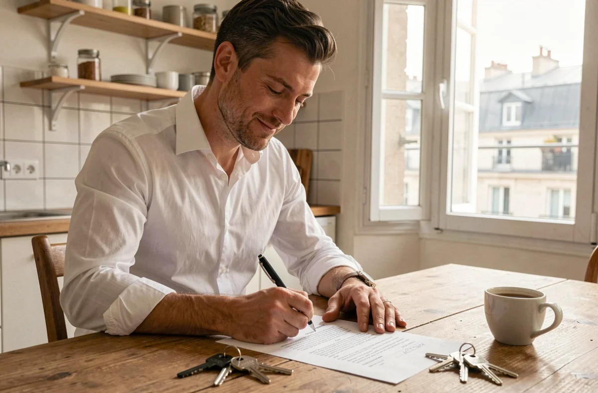 Homme signant un contrat de location dans un appartement parisien, avec les clés du logement posées sur la table, symbolisant l'emménagement réussi