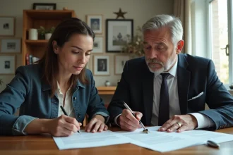 Couple signant un contrat immobilier dans une maison