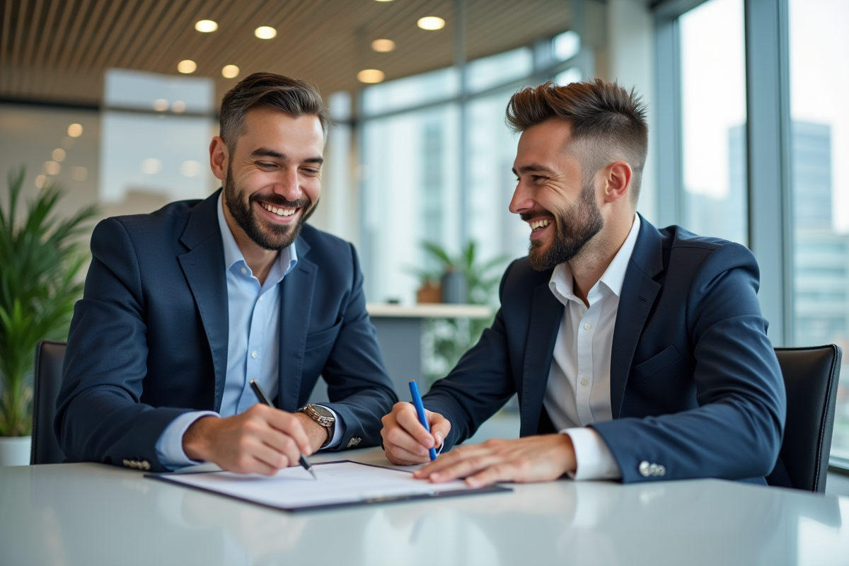Jeune homme signe un contrat de prêt immobilier dans une banque moderne