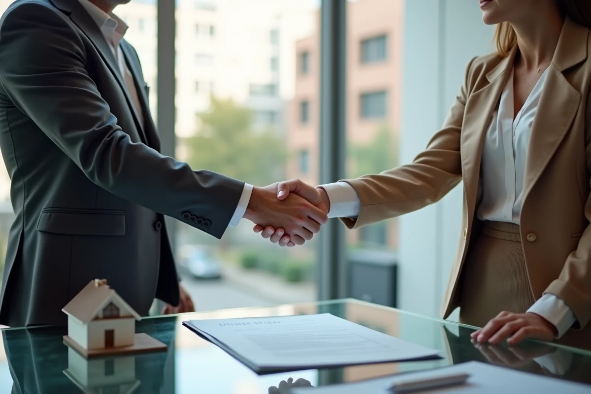 Signature d'un mandat immobilier avec poignée de main entre un vendeur et un agent après négociation des honoraires