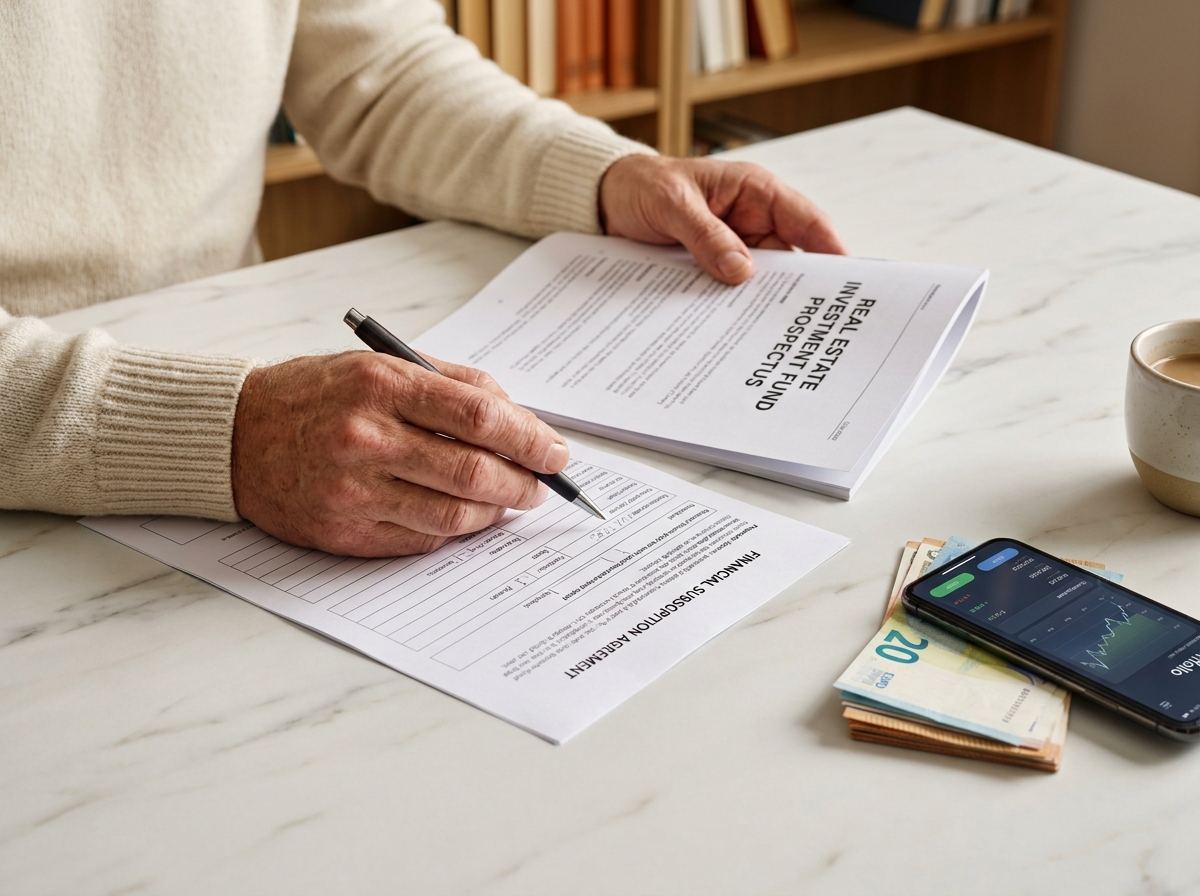 Mains signant un formulaire de souscription en SCPI avec des billets et un smartphone sur un bureau