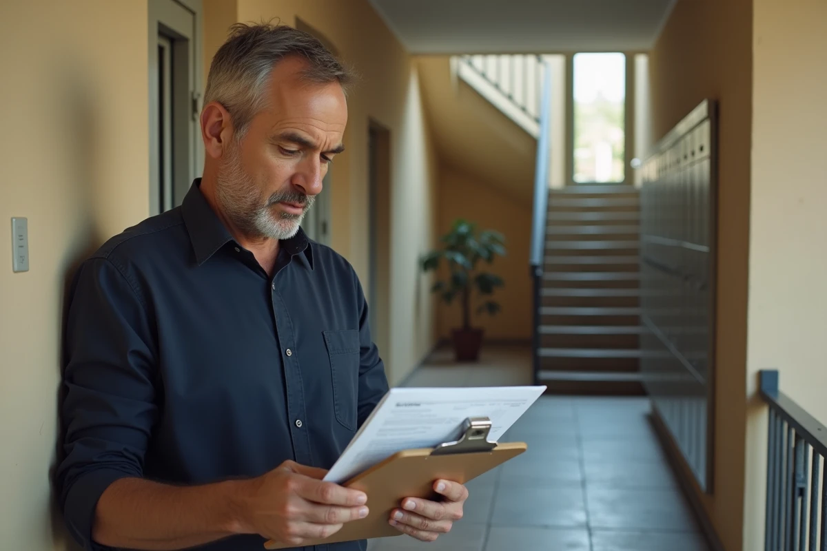 Syndic de petite copropriété consultant un document pré-état daté dans le couloir d'un immeuble résidentiel