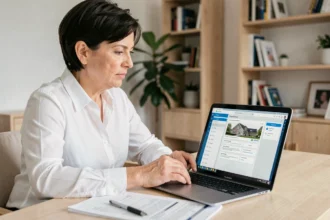 Femme gestionnaire de copropriété consultant un tableau de bord syndic en ligne sur ordinateur portable dans un bureau à domicile moderne