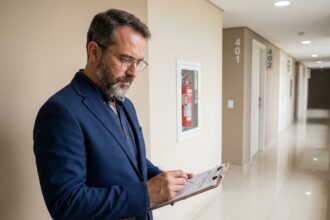Syndic de copropriété inspectant le couloir d'un immeuble résidentiel pour évaluer les risques de sinistralité