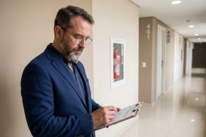 Syndic de copropriété inspectant le couloir d'un immeuble résidentiel pour évaluer les risques de sinistralité