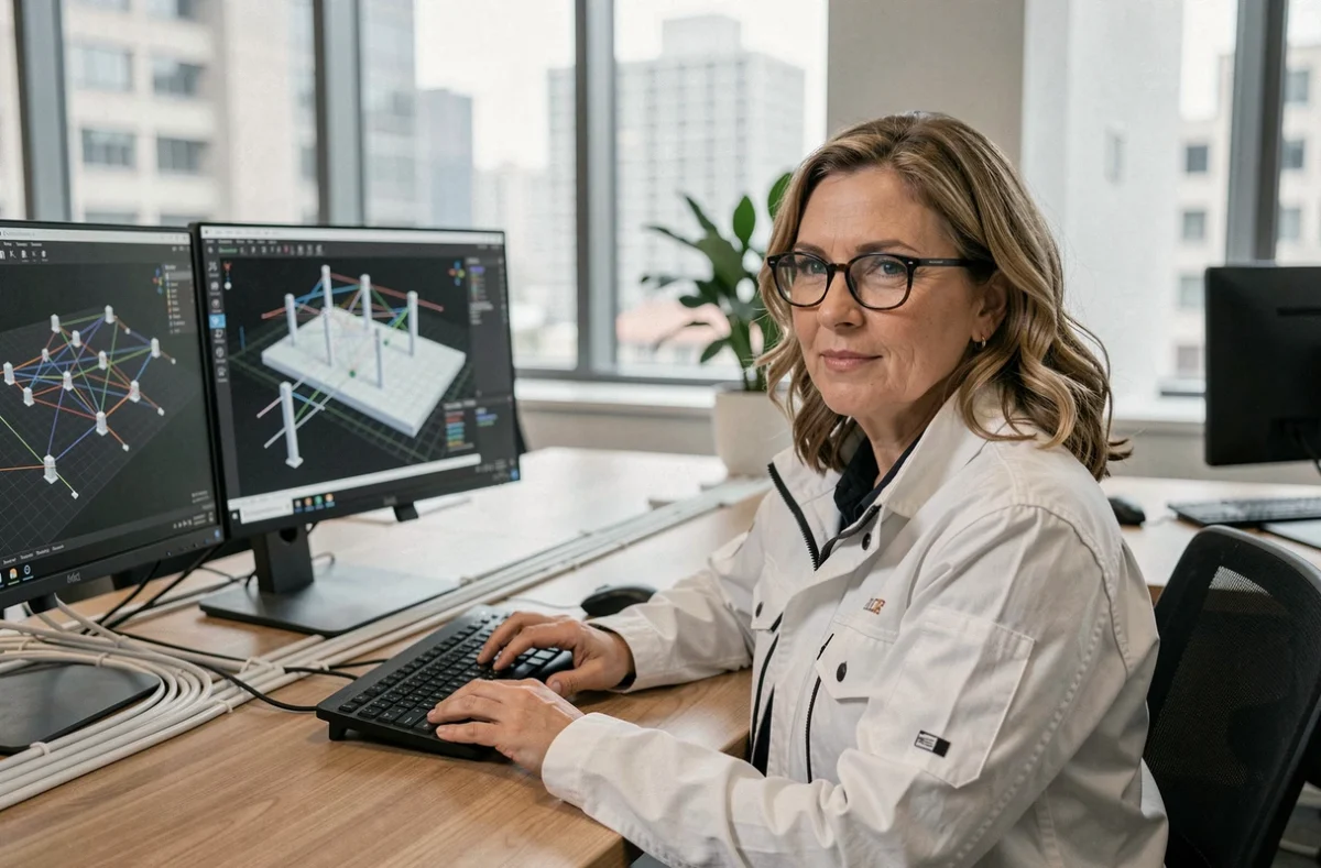 Technicienne analysant des simulations de réseau électrique numérique sur double écran dans un bureau moderne