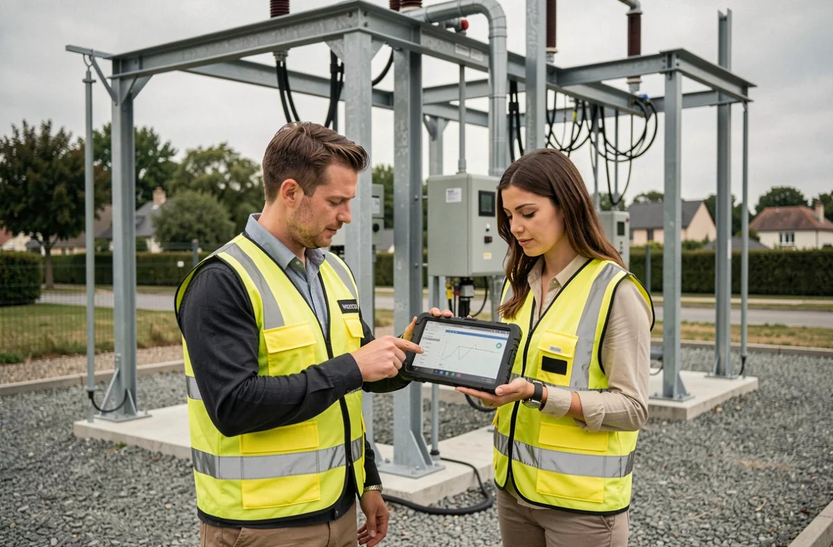 Deux techniciens Enedis inspectant un poste électrique connecté équipé de capteurs IoT en milieu périurbain