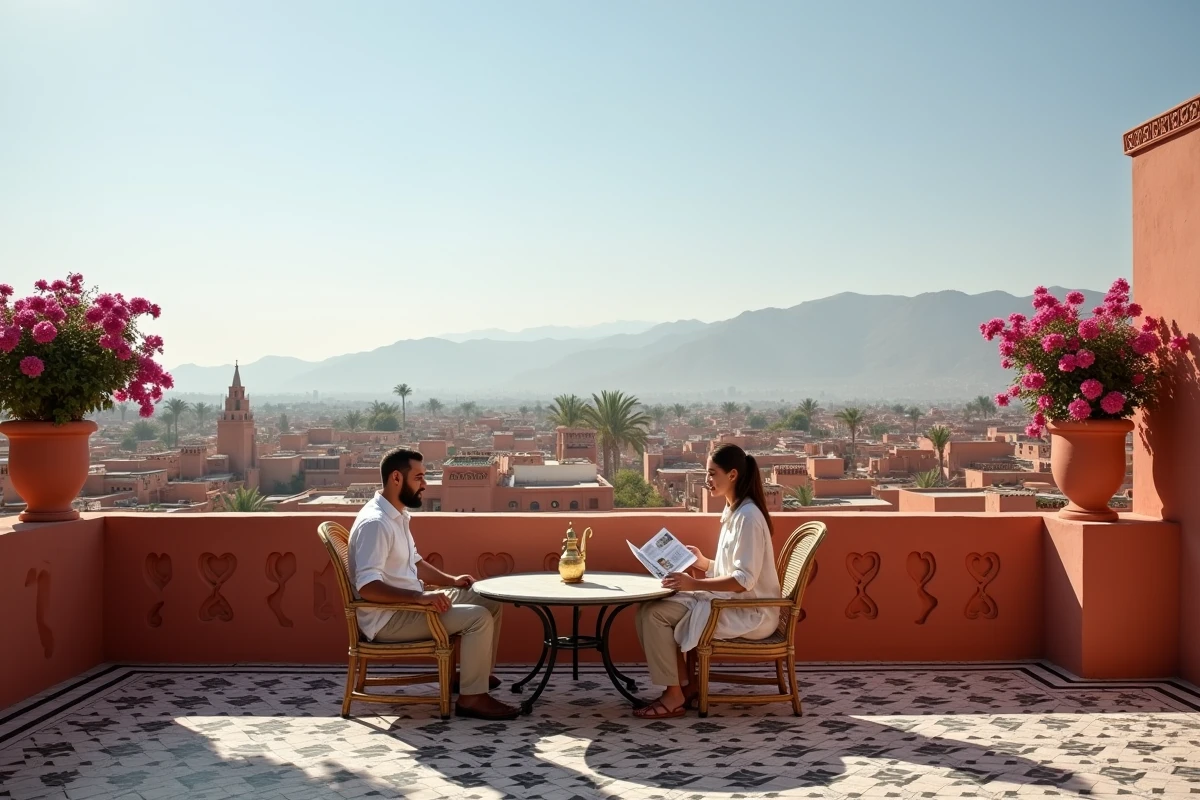Terrasse d'un riad rénové à Marrakech avec vue panoramique sur les toits de la médina et les montagnes de l'Atlas, quartier prisé pour l'achat de riad