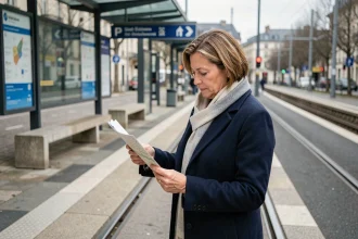 Femme consultant un plan de transport en commun sur un quai de tramway à Saint-Étienne