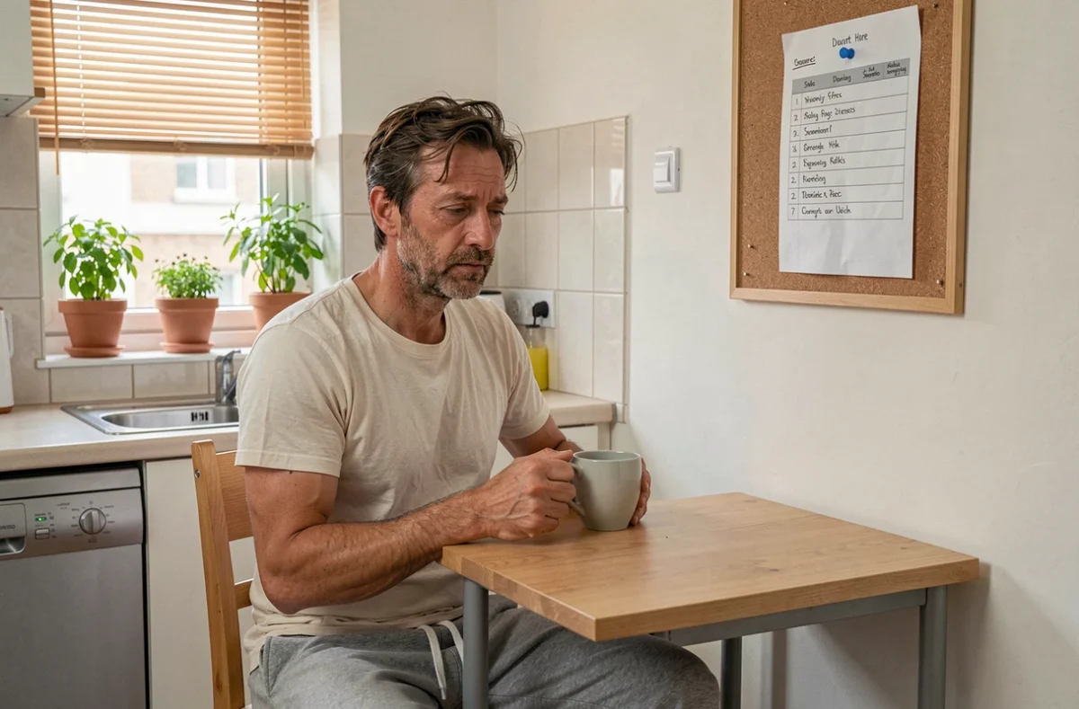 Travailleur en horaires décalés consultant son planning à la cuisine pour gérer les visites de son appartement pendant le préavis