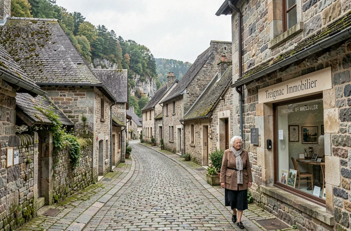 Village médiéval de Treignac en Corrèze avec la devanture de l'agence Treignac Immobilier sur une rue en pierre