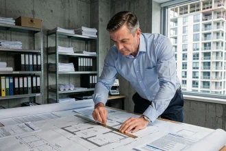 Urbaniste mesurant les dimensions d'une chambre sur un plan architectural dans un bureau professionnel, entouré de documents de réglementation urbaine