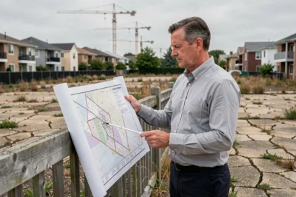 Urbaniste consultant un plan de zonage sur un terrain vacant en milieu urbain