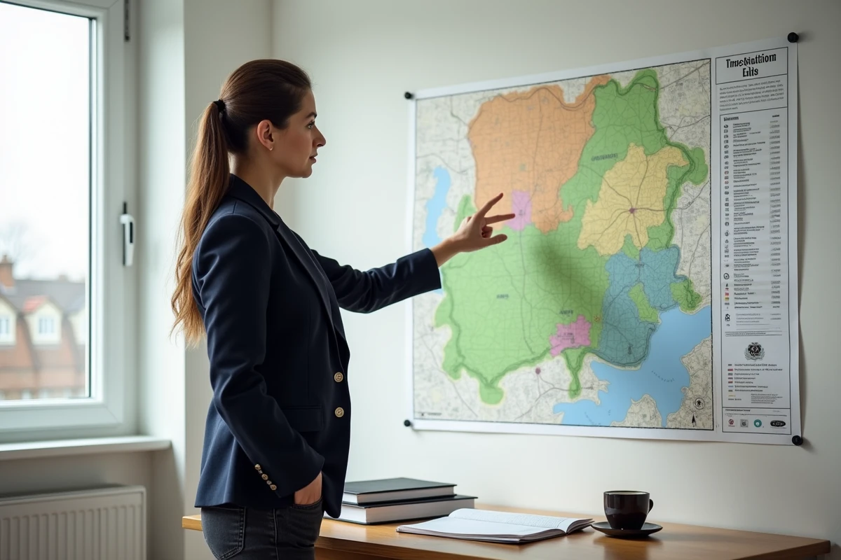Urbaniste analysant un plan de zonage avec zones naturelles N dans un bureau d'urbanisme municipal