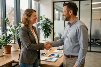 Vendeuse immobilière signant un accord satisfaisant avec un agent IMMO PRIMA dans une agence moderne