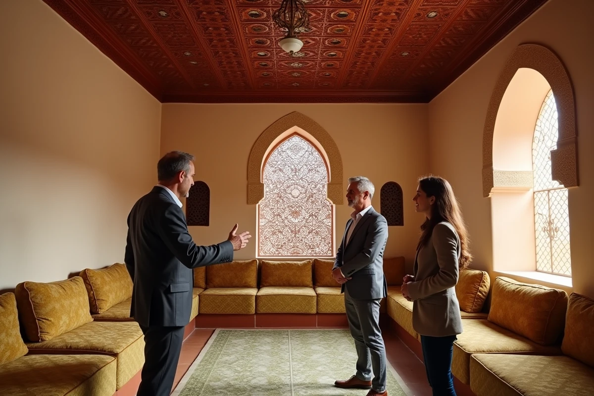 Agent immobilier présentant le salon d'un riad historique en vente dans le quartier Mouassine de Marrakech, avec plafond en cèdre sculpté et murs en tadelakt