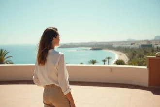 Femme regardant la côte d'Agadir depuis une terrasse